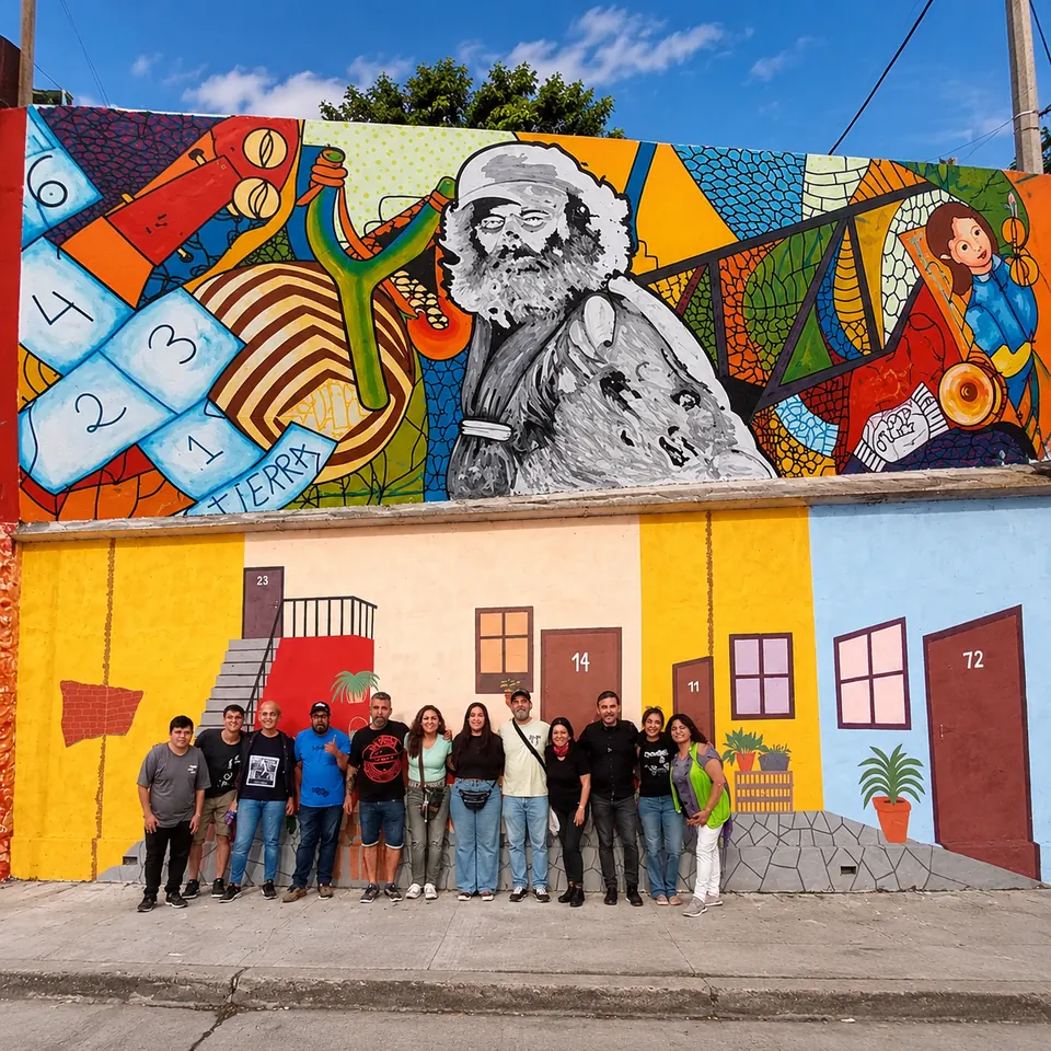 Vecinos y vecinas del proyecto posando frente al mural de Hombre de la calle en Victoria